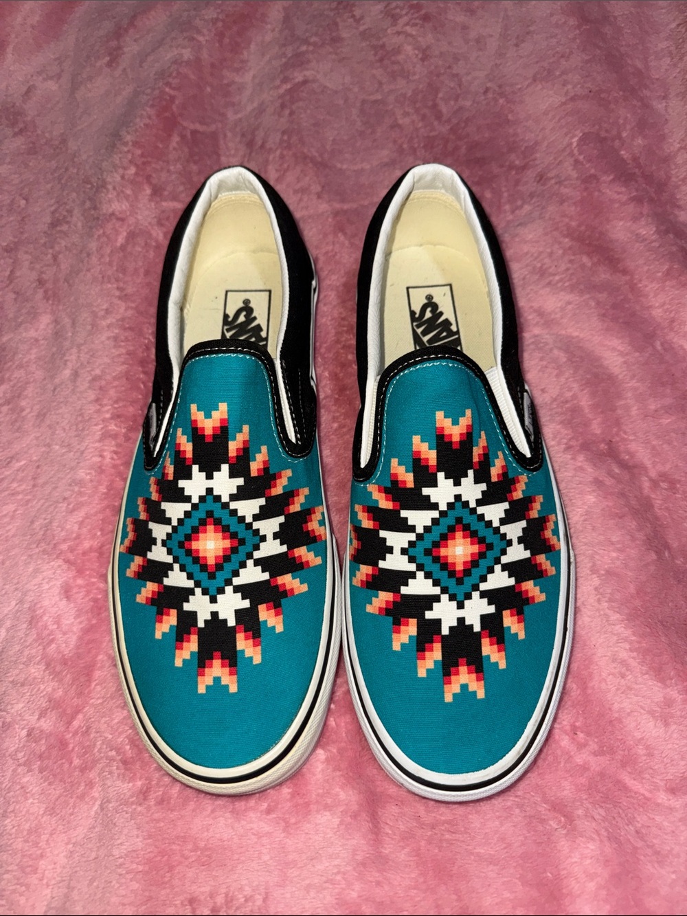 Vans Men’s Slip-On Sneakers in Turquoise with Aztec Pattern